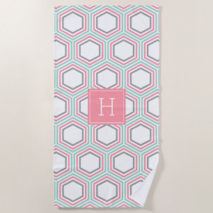 Geometrisch Mint en Koraal Patroon en Monogram Strandlaken