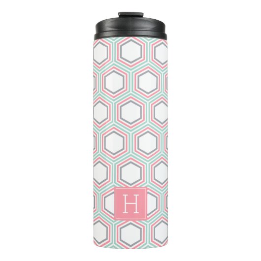 Geometrisch Mint en Koraal Patroon en Monogram Thermosbeker (Voorkant)