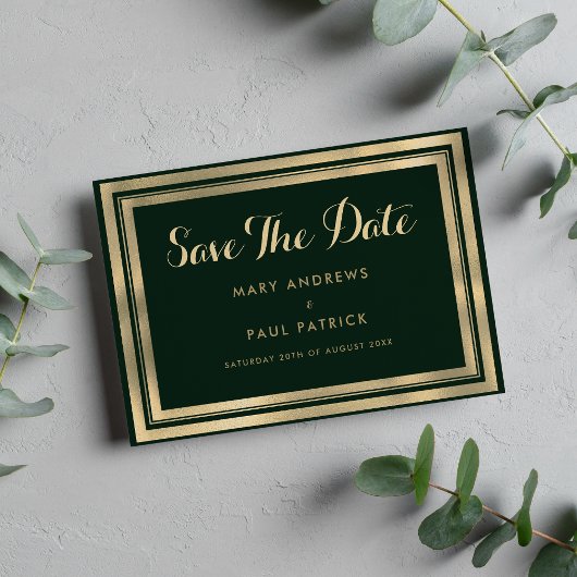 Geometrisch modern bos groen goud Save The Date