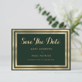 Geometrisch modern bos groen goud Save The Date (Staand voorkant)