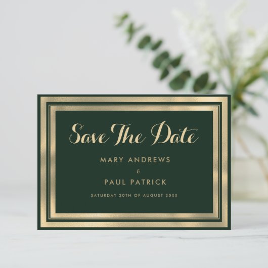 Geometrisch modern bos groen goud Save The Date (Staand voorkant)