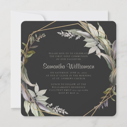 Geometrisch modern gebladerte eerste communie kaart (Voorkant)