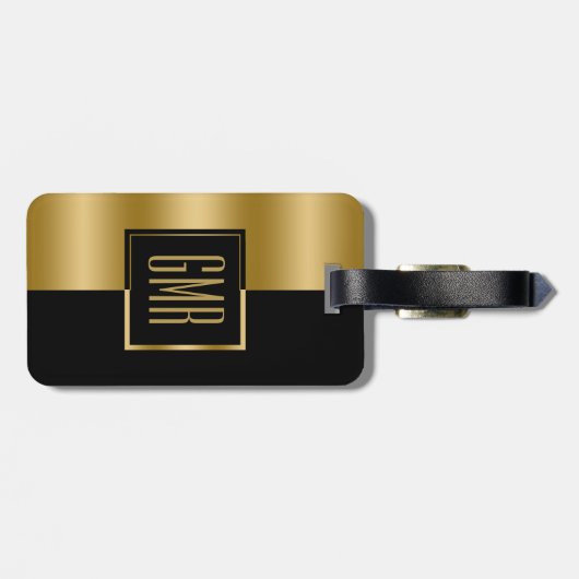 Geometrisch Modern Goud & Zwart Streepmonogram Bagagelabel (Achterkant horizontaal)
