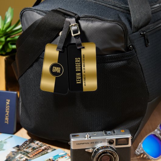 Geometrisch Modern Goud & Zwarte Streep Monogram 2 Bagagelabel (Voorkant /achterkant)