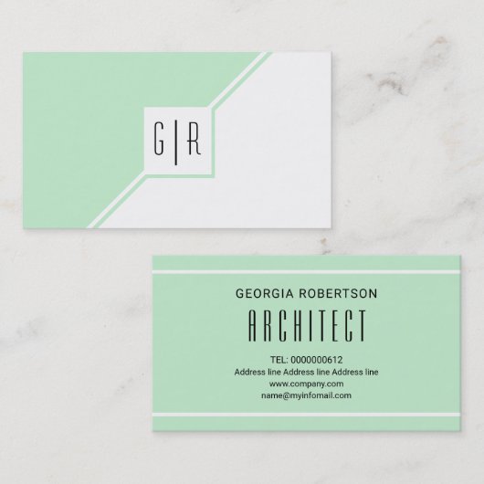 Geometrisch monogram met een mint-groen en wit mod visitekaartje (Voorkant / Achterkant)