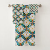 Geometrisch Mozaïek Tegel Patroon#5 Blauwgroen Wit Bad Handdoek (Insitu)