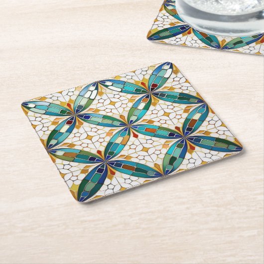 Geometrisch Mozaïek Tegel Patroon#5 Blauwgroen Wit Kartonnen Onderzetters (Schuin)