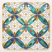 Geometrisch Mozaïek Tegel Patroon#5 Blauwgroen Wit Kartonnen Onderzetters (Voorkant)