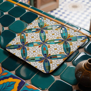 Geometrisch Mozaïek Tegel Patroon#5 Blauwgroen Wit Kartonnen Onderzetters