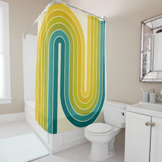 Geometrisch ontwerp in retro- stijl douchegordijn (In situ)