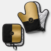 Geometrisch ontwerp met zwart en goud splitscreen ovenwant & pannenlap set (Voorkant / Achterkant)