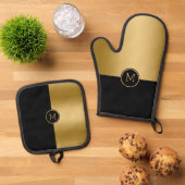 Geometrisch ontwerp met zwart en goud splitscreen ovenwant & pannenlap set (Top down)