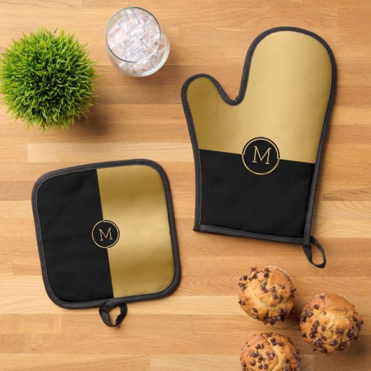 Geometrisch ontwerp met zwart en goud splitscreen ovenwant & pannenlap set (Top down)