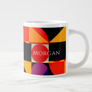 Geometrisch ontwerp, rood oranje paars zwart, naam grote koffiekop