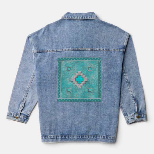 Geometrisch ontwerp voor de zuidwestelijke Turquoi Denim Jacket (Achterkant)