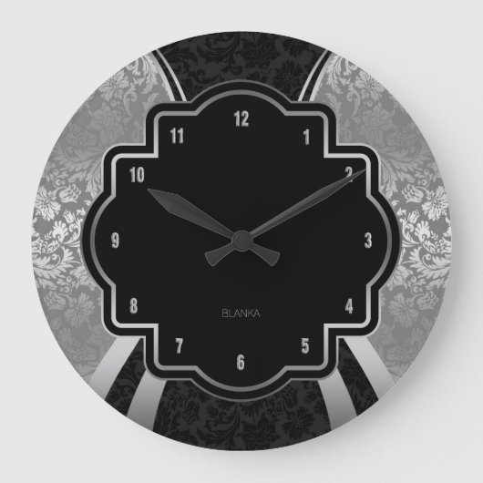Geometrisch ontwerp voor zwart en zilver Damask Grote Klok (Voorkant)