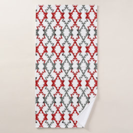 Geometrisch ornament in rood en grijs op wit. badhanddoek