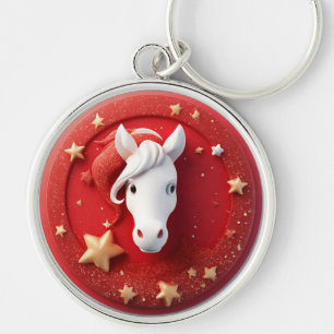 Geometrisch paardenportret in levendig rood en wit sleutelhanger