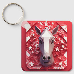 Geometrisch paardenportret in levendig rood en wit sleutelhanger