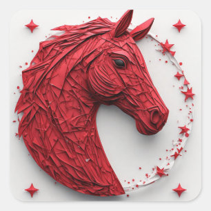 Geometrisch paardportret in levendig rood en wit vierkante sticker