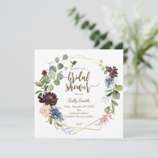 geometrisch paarse blauwe bloemen vrijgezellenfees kaart (Staand voorkant)