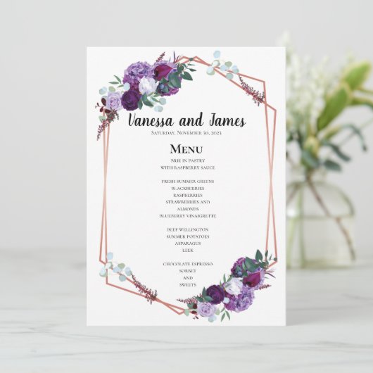 Geometrisch Paarse bloemmenu Menu (Staand voorkant)