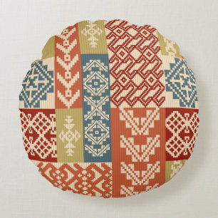 Geometrisch Patchwork Etnaadloos Patroon Rond Kussen