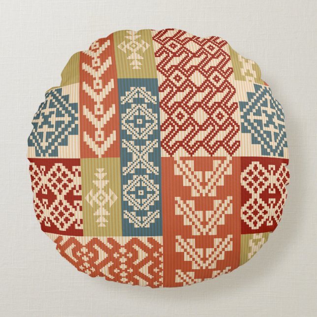 Geometrisch Patchwork Etnaadloos Patroon Rond Kussen (Voorkant)