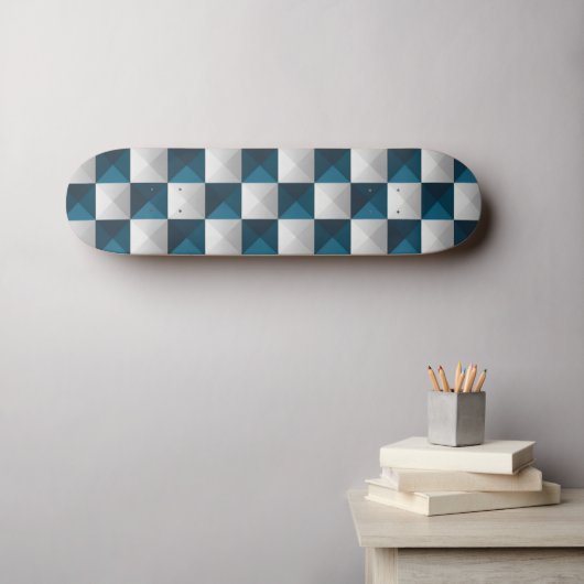 Geometrisch patroon Blauw Zilver Skateboard (Muurkunst (Horizontaal))