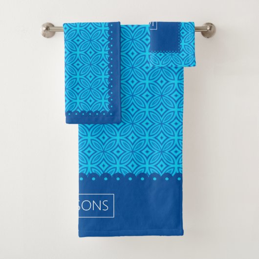 Geometrisch patroon, geschulpte randen aqua blauw bad handdoek (Insitu)