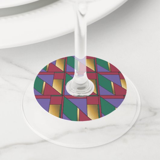Geometrisch patroon Goud Paarse Groen Rood Wijnglaslabel (Dichtbij)