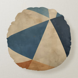 Geometrisch patroon in blauw, taupe en roest rond kussen