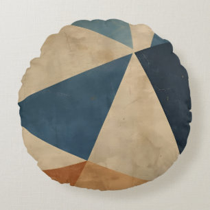 Geometrisch patroon in blauw, taupe en roest rond kussen