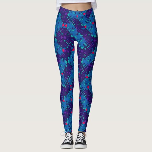 Geometrisch patroon in blauwtinten en paars leggings (Voorkant)