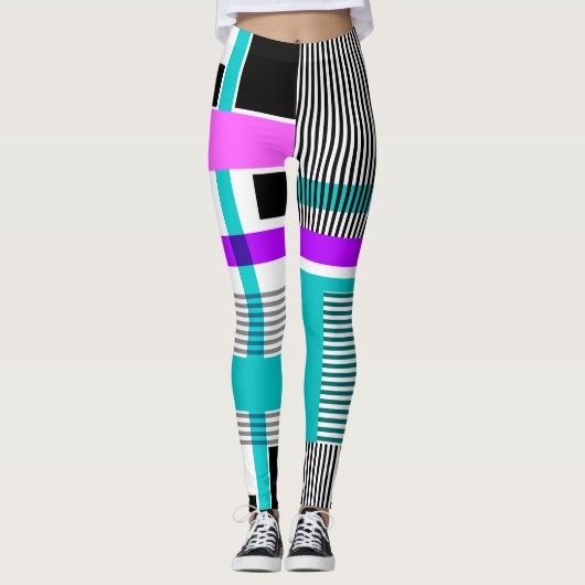 Geometrisch patroon in gestreepte en neon kleuren leggings (Voorkant)