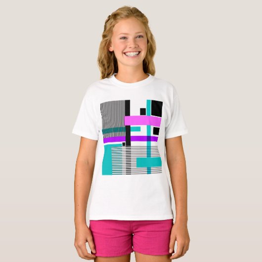 Geometrisch patroon in gestreepte en neon kleuren t-shirt (Voorkant volledig)