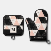 Geometrisch patroon met handgetekende driehoek ovenwant & pannenlap set (Voorkant)