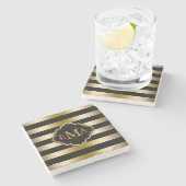 Geometrisch patroon met monogmed Gold & Black Stri Stenen Onderzetter (Zijkant)