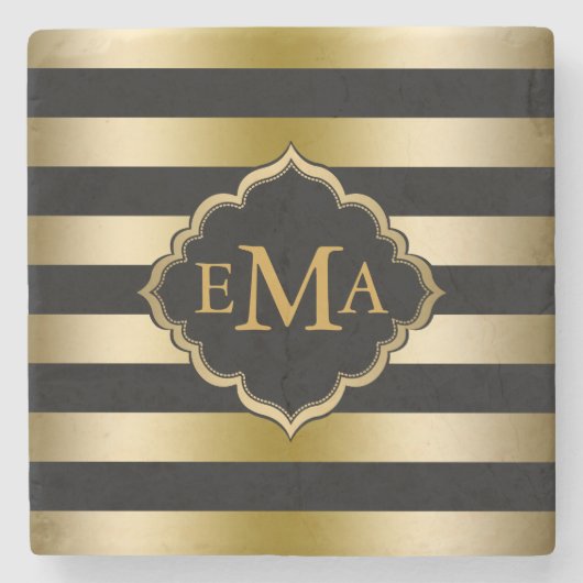 Geometrisch patroon met monogmed Gold & Black Stri Stenen Onderzetter (Voorkant)