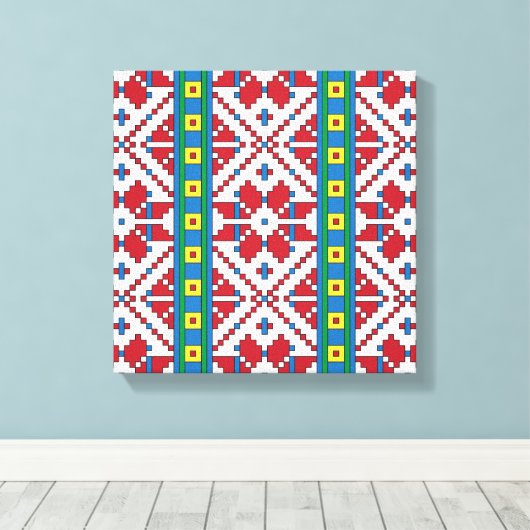 Geometrisch patroon met trale rode, blauwe en witt canvas afdruk (Insitu (Houten vloer))