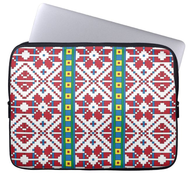 Geometrisch patroon met trale rode, blauwe en witt laptop sleeve (Voorkant)