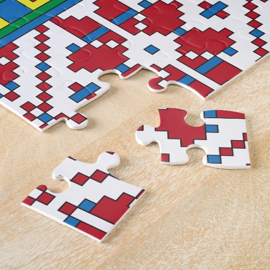 Geometrisch patroon met trale rode, blauwe en witt legpuzzel (Zijkant)