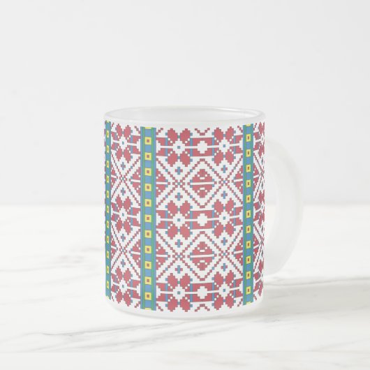 Geometrisch patroon met trale rode, blauwe en witt matglas koffiemok (Voorkant rechts)