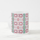 Geometrisch patroon met trale rode, blauwe en witt matglas koffiemok (Voorkant links)