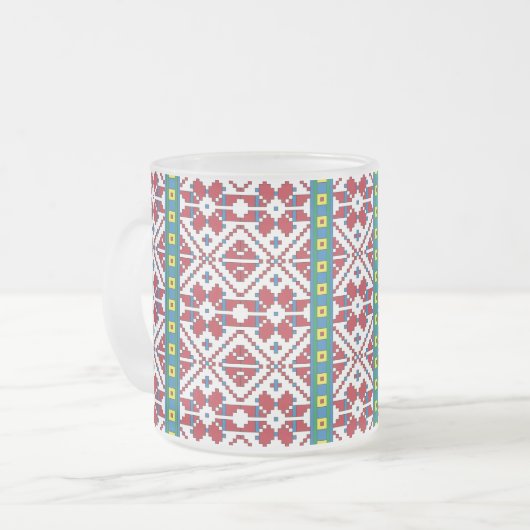 Geometrisch patroon met trale rode, blauwe en witt matglas koffiemok (Voorkant links)