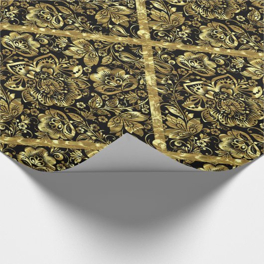 Geometrisch patroon met zwarte en goudfloral Damas Cadeaupapier (Hoek)