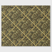 Geometrisch patroon met zwarte en goudfloral Damas Cadeaupapier (Vlak)