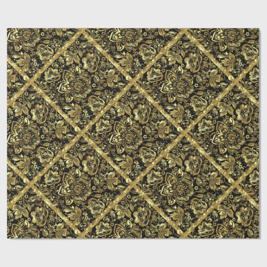 Geometrisch patroon met zwarte en goudfloral Damas Cadeaupapier (Vlak)