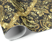 Geometrisch patroon met zwarte en goudfloral Damas Cadeaupapier (Rol Hoek)