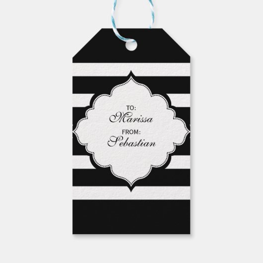 Geometrisch patroon met zwarte en witte strepen cadeaulabel (Achterkant)